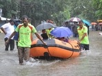 Tamil Nadu fire and rescue team during a rescue operation at a waterlogged area following heavy rain in Chennai on November 7, 2021. (PTI) Tamil Nadu fire and rescue team during a rescue operation at a waterlogged area following heavy rain in Chennai on November 7, 2021. (PTI)