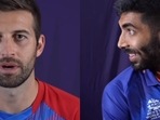 Mark Wood (L) and Jasprit Bumrah in the video posted by the ICC.(Instagram/ICC) Mark Wood (L) and Jasprit Bumrah in the video posted by the ICC.(Instagram/ICC)