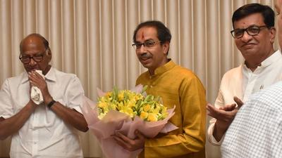 Shiv Sena chief Uddhav Thackeray flanked by NCP chief Sharad Pawar (left) and Congress leader Balasaheb Thorat in Mumbai in 2019. (HT FILE PHOTO) Shiv Sena chief Uddhav Thackeray flanked by NCP chief Sharad Pawar (left) and Congress leader Balasaheb Thorat in Mumbai in 2019. (HT FILE PHOTO)