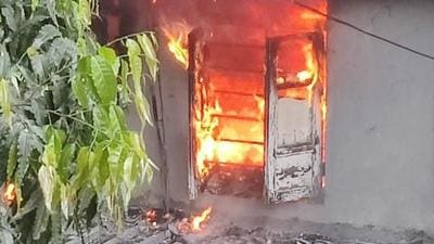 A fire broke out at Thane’s NKT College on Monday morning. No injuries were reported. (Praful gangurde/HT Photo)