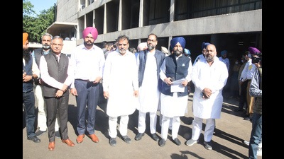 Shiromani Akali Dal leaders outside the Punjab Vidhan Sabha on Monday.