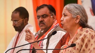 Union minister Nirmala Sitaraman addresses the media after the BJP’s national executive committee meeting at NDMC Convention Centre in New Delhi on Sunday. (PTI) Union minister Nirmala Sitaraman addresses the media after the BJP’s national executive committee meeting at NDMC Convention Centre in New Delhi on Sunday. (PTI)