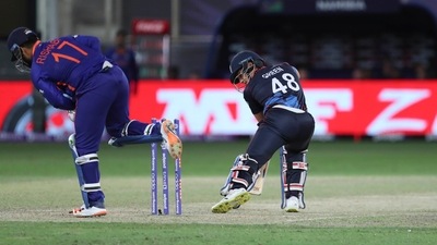 Namibia's Zane Green looks at the stumps after he is bowled out by India's Ravichandran Ashwin during the Cricket Twenty20 World Cup match between India and Namibia in Dubai, UAE, Monday, Nov. 8, 2021. (AP Photo/Aijaz Rahi) (AP) Namibia's Zane Green looks at the stumps after he is bowled out by India's Ravichandran Ashwin during the Cricket Twenty20 World Cup match between India and Namibia in Dubai, UAE, Monday, Nov. 8, 2021. (AP Photo/Aijaz Rahi) (AP)