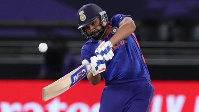 India's Rohit Sharma bats during the Cricket Twenty20 World Cup match between India and Namibia in Dubai, UAE. (AP) India's Rohit Sharma bats during the Cricket Twenty20 World Cup match between India and Namibia in Dubai, UAE. (AP)
