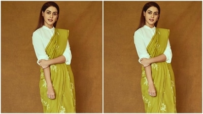The lime-hued saree is from the shelves of the clothing label Raw Mango. It comes highlighted with opaque, simplified jamdani motifs, creating a light and shadow effect in the semi-sheer textile. The borders of the six yards featured piping in contrasting brown shade. Genelia draped it in a traditional style. (Instagram/@who_wore_what_when) The lime-hued saree is from the shelves of the clothing label Raw Mango. It comes highlighted with opaque, simplified jamdani motifs, creating a light and shadow effect in the semi-sheer textile. The borders of the six yards featured piping in contrasting brown shade. Genelia draped it in a traditional style. (Instagram/@who_wore_what_when)