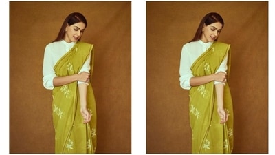 On Monday, the actor's stylists took to their Instagram page - Who Wore What When - to post pictures of Genelia wearing an elegant lime Sooti saree. The star looked absolutely elegant in the simple yet elegant number adorned with jamdani motifs all over and tassels on the pallu. (Instagram/@who_wore_what_when) On Monday, the actor's stylists took to their Instagram page - Who Wore What When - to post pictures of Genelia wearing an elegant lime Sooti saree. The star looked absolutely elegant in the simple yet elegant number adorned with jamdani motifs all over and tassels on the pallu. (Instagram/@who_wore_what_when)