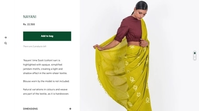 If you wish to add the cotton saree to your collection, we have found the details for you. The six yards is available on the Raw Mango website and is worth <span class='webrupee'>₹</span>22,500. (rawmango.com) If you wish to add the cotton saree to your collection, we have found the details for you. The six yards is available on the Raw Mango website and is worth <span class='webrupee'>₹</span>22,500. (rawmango.com)