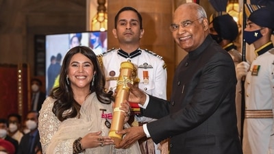 President Ram Nath Kovind presents the Padma Shri award to television producer Ekta Kapoor during a ceremony at Rashtrapati Bhawan. (PTI) President Ram Nath Kovind presents the Padma Shri award to television producer Ekta Kapoor during a ceremony at Rashtrapati Bhawan. (PTI)