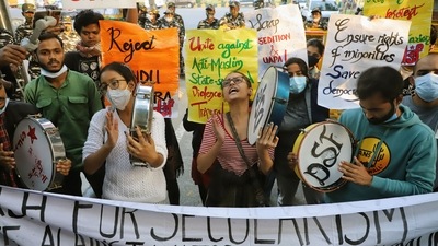 Jawaharlal Nehru University Students' Union members raise slogans during a protest against the Union government over violence against the minority community in Tripura near Mandi House, in New Delhi. (File photo) Jawaharlal Nehru University Students' Union members raise slogans during a protest against the Union government over violence against the minority community in Tripura near Mandi House, in New Delhi. (File photo)