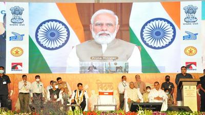 Prime Minister (PM) Narendra Modi on Monday virtually laid the foundation stone and various road projects in a bid to boost the pilgrimage in Maharashtra’s Pandharpur. The Bharatiya Janata Party (BJP)-led Central government used the event to score a point over the ruling dispensation in Maharashtra, as it invited the Union minister Bhagwat Karad, Bharati Pawar, Narayan Rane, and leader of Opposition in Maharashtra Legislative Assembly Devendra Fadnavis, who was present in person, while others were virtually present. (HT Photo) Prime Minister (PM) Narendra Modi on Monday virtually laid the foundation stone and various road projects in a bid to boost the pilgrimage in Maharashtra’s Pandharpur. The Bharatiya Janata Party (BJP)-led Central government used the event to score a point over the ruling dispensation in Maharashtra, as it invited the Union minister Bhagwat Karad, Bharati Pawar, Narayan Rane, and leader of Opposition in Maharashtra Legislative Assembly Devendra Fadnavis, who was present in person, while others were virtually present. (HT Photo)