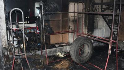 The charred trye shop near Tajpur Road Chowk in Ludhiana on Monday. (Harsimar Pal Singh/HT) The charred trye shop near Tajpur Road Chowk in Ludhiana on Monday. (Harsimar Pal Singh/HT)