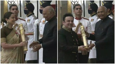 Kangana Ranaut and Adnan Sami are presented with Padma Shri awards by President Ram Nath Kovind. Kangana Ranaut and Adnan Sami are presented with Padma Shri awards by President Ram Nath Kovind.