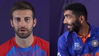 Mark Wood (L) and Jasprit Bumrah in the video posted by the ICC. (Instagram/ICC) Mark Wood (L) and Jasprit Bumrah in the video posted by the ICC. (Instagram/ICC)
