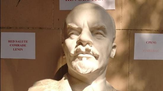 A bust of former Soviet leader Vladimir Lenin at the CPI(M)’s headquarters in New Delhi. Party leaders paid homage in front of the bust to mark the October Revolution in the former Soviet Union. (Twitter/ CPI(M))