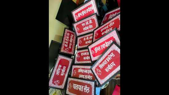 Designation plates prepared for distribution in Almora district’s police offices and stations. (HT photo)