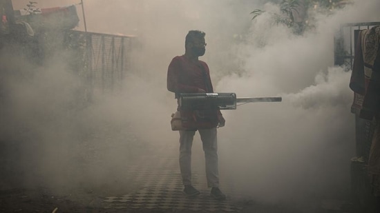 A New Delhi Municipal Council (NDMC) worker fumigates an area near Lodhi Colony, as a preventive measure against Dengue, in New Delhi. The dengue tally this year is on course to eclipse the 2018 number, when the city recorded 2,798 cases, and the toll is now the highest since 2017, when 10 died of the infection. (HT Archive) A New Delhi Municipal Council (NDMC) worker fumigates an area near Lodhi Colony, as a preventive measure against Dengue, in New Delhi. The dengue tally this year is on course to eclipse the 2018 number, when the city recorded 2,798 cases, and the toll is now the highest since 2017, when 10 died of the infection. (HT Archive)