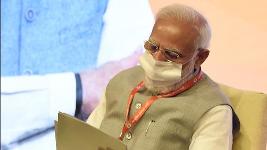 Prime Minister Narendra Modi at the BJP’s national executive meeting in New Delhi, India. PM Modi will lay the foundation stone for widening of Pandharpur highways in Maharashtra on Monday. (Arvind Yadav/HT photo)