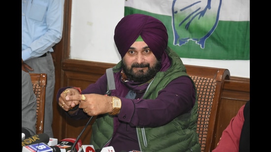 Punjab Congress president Navjot Singh Sidhu addressing a press conference in Chandigarh on Monday.