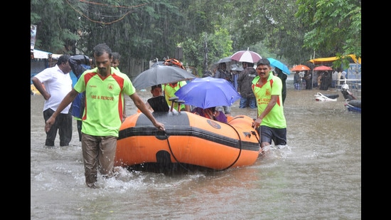 Tamil Nadu fire and rescue team during a rescue operation at a waterlogged area following heavy rain in Chennai, November 7, 2021. (PTI) Tamil Nadu fire and rescue team during a rescue operation at a waterlogged area following heavy rain in Chennai, November 7, 2021. (PTI)