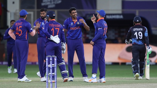 Dubai: India's Ravichandran Ashwin, centre, and teammates celebrate the dismissal of Namibia's Nicole Loftie-Eaton during the Cricket Twenty20 World Cup match between India and Namibia in Dubai, UAE, Monday, Nov. 8, 2021. AP/PTI(AP11_08_2021_000230A)(AP)