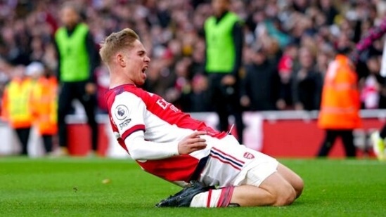 Arsenal's Emile Smith Rowe celebrates scoring during the English Premier League soccer match between Arsenal and Watford at the Emirates Stadium, London, Sunday Nov. 7, 2021. (AP)