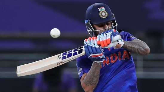 India's Suryakumar Yadav bats during the Cricket Twenty20 World Cup match between India and Namibia in Dubai, UAE, Monday, Nov. 8, 2021. (AP Photo/Aijaz Rahi)(AP)