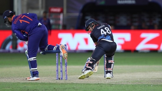 Namibia's Zane Green looks at the stumps after he is bowled out by India's Ravichandran Ashwin during the Cricket Twenty20 World Cup match between India and Namibia in Dubai, UAE, Monday, Nov. 8, 2021. (AP Photo/Aijaz Rahi)(AP)