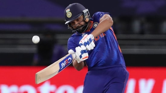 India's Rohit Sharma bats during the Cricket Twenty20 World Cup match between India and Namibia in Dubai, UAE.(AP)