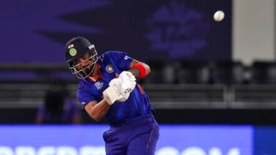 India's KL Rahul hits a six during the Cricket Twenty20 World Cup match between India and Namibia in Dubai, UAE, Monday, Nov. 8, 2021. (AP Photo/Aijaz Rahi)(AP)