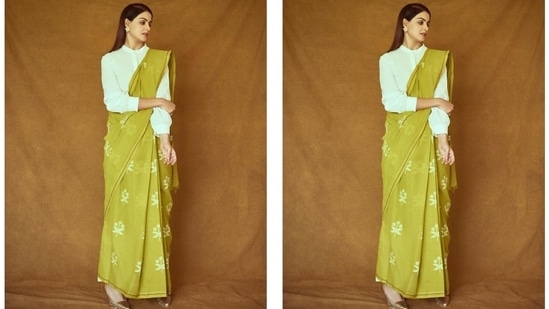 Genelia opted for gold patterned pointed sandals, statement puzzle-shaped bronze earrings, and a swirled silver ring to accessorise the drape. She left her long locks open in a side parting and styled them in a sleek pulled-back look.(Instagram/@who_wore_what_when)