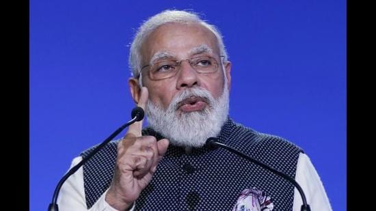 Prime Minister Narendra Modi speaks at the COP26 UN Climate Summit, November 2, 2021, Scotland (AP)