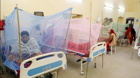 Patients take a rest inside mosquito nets at a dengue ward in Prayagraj in Uttar Pradesh. (ANI/File)