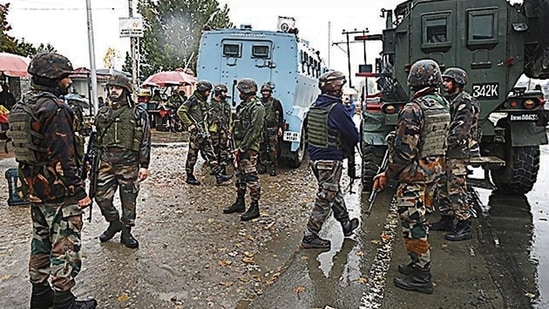 Army soldiers during a search operation at a hospital to flush out the militants after a firing incident, at Bemina in Srinagar, Friday, Nov. 5, 2021. (PTI Photo) Army soldiers during a search operation at a hospital to flush out the militants after a firing incident, at Bemina in Srinagar, Friday, Nov. 5, 2021. (PTI Photo)