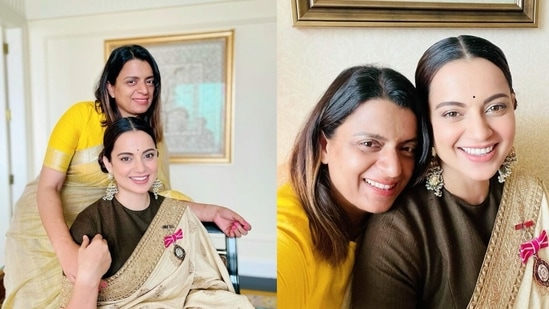 Kangana Ranaut's sister Rangoli Chandel shared pictures with the actor on Instagram and wrote, “How lucky I am to say this Feeling so proud and happy even words falling short to explain !! May Maa Ambika keep showering her blessings on you.”&nbsp;