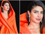Priyanka Chopra attended the event donning a Benchellal saffron orange air mesh short blazer dress.(Instagram/@priyankachopra) Priyanka Chopra attended the event donning a Benchellal saffron orange air mesh short blazer dress.(Instagram/@priyankachopra)