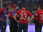 England's captain Eoin Morgan interacts with bowlers Chris Jordan, left, Mark Wood and Moeen Ali England's captain Eoin Morgan interacts with bowlers Chris Jordan, left, Mark Wood and Moeen Ali