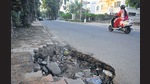 A damaged road in Sector 8, which falls in ward 2 of Chandigarh on Monday. (Keshav Singh/HT) A damaged road in Sector 8, which falls in ward 2 of Chandigarh on Monday. (Keshav Singh/HT)