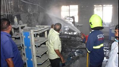 Eleven elderly patients died in the blaze at the intensive care unit (ICU) of the Ahmednagar Civil hospital on Saturday. According to the fire department, except fire extinguishers, other recommended fire safety equipment was conspicuous by its absence inside the ICU ward when the fire broke out at the Ahmednagar Civil hospital on Saturday. (HT FILE ) Eleven elderly patients died in the blaze at the intensive care unit (ICU) of the Ahmednagar Civil hospital on Saturday. According to the fire department, except fire extinguishers, other recommended fire safety equipment was conspicuous by its absence inside the ICU ward when the fire broke out at the Ahmednagar Civil hospital on Saturday. (HT FILE )