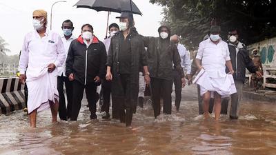 Tamil Nadu chief minister MK Stalin inspects a flood-affected area in Chennai on Monday. (ANI) Tamil Nadu chief minister MK Stalin inspects a flood-affected area in Chennai on Monday. (ANI)