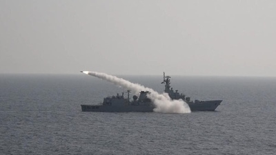A missile is fired from a Pakistani Navy destroyer in Arabian Sea, on October 6, 2021. China has delivered to Pakistan the largest and most advanced warship, a frigate with stealth capabilities, it has ever manufactured as Beijing and Islamabad continue to strengthen their military capabilities against regional rival, India. (REUTERS)
