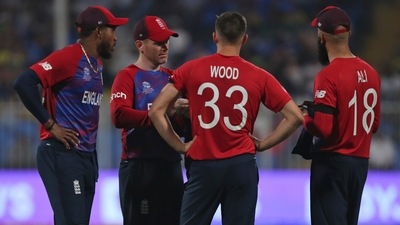 England's captain Eoin Morgan interacts with bowlers Chris Jordan, left, Mark Wood and Moeen Ali (AP) England's captain Eoin Morgan interacts with bowlers Chris Jordan, left, Mark Wood and Moeen Ali (AP)