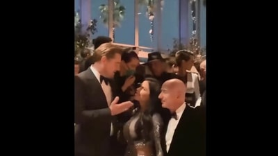 The image shows Jeff Bezos and Lauren Sanchez's interaction with Leonardo DiCaprio. (Screengrab)