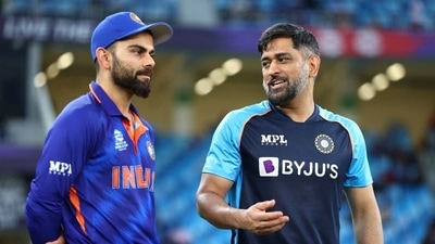 Mentor of India MS Dhoni (R) with Indian Skipper Virat Kohli ahead of the ICC Men's T20 World Cup match between India and Namibia, at Dubai International Stadium in Dubai on Monday. (ANI)