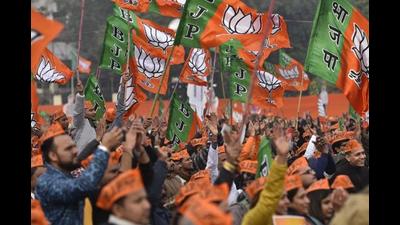 New Delhi, India - Dec. 22, 2019: Bharatiya Janta Party (BJP) supporters wave party flags during a rally addressed by Prime Minister Narendra Modi along with other party leaders, at Ramlila Ground, in New Delhi, India, on Sunday, December 22, 2019. (Photo by Burhaan Kinu/ Hindustan Times) (Burhaan Kinu/HT PHOTO)