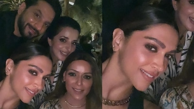 Deepika Padukone was seen with actor, host Nitinn R Miranni and his wife Aarti. Deepika Padukone was seen with actor, host Nitinn R Miranni and his wife Aarti.