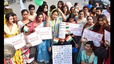 Kinnar Akhada taking out voter awareness rally in Prayagraj on Tuesday. (HT)