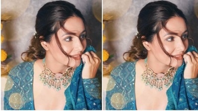 Hina looked right out of a fairytale in a teal blue chikankari lehenga. (Instagram/@realhinakhan)