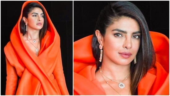 Priyanka Chopra attended the event donning a Benchellal saffron orange air mesh short blazer dress.(Instagram/@priyankachopra)