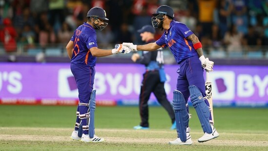 India's Rohit Sharma and KL Rahul during the ICC Men's T20 World Cup match between India and Namibia, at Dubai International Stadium(ANI)