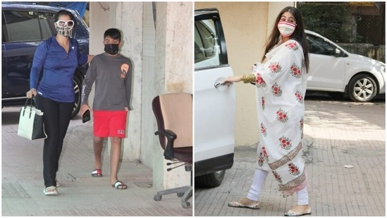 Diwali is over. With the festive week of heavy indulgence, the celebrities are back to the gym to hit off their workout routines. Sara Ali Khan was spotted in Mumbai on Tuesday as she sported an elegant white salwar suit. On the other hand, Kajol had company for her weekday Pilates session. Guess who it was?(HT Photos/Varinder Chawla)